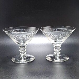 2 Art Deco Cut Crystal Coupes 3.7" Glasses Champagne Sparkling Wine vtg elegance